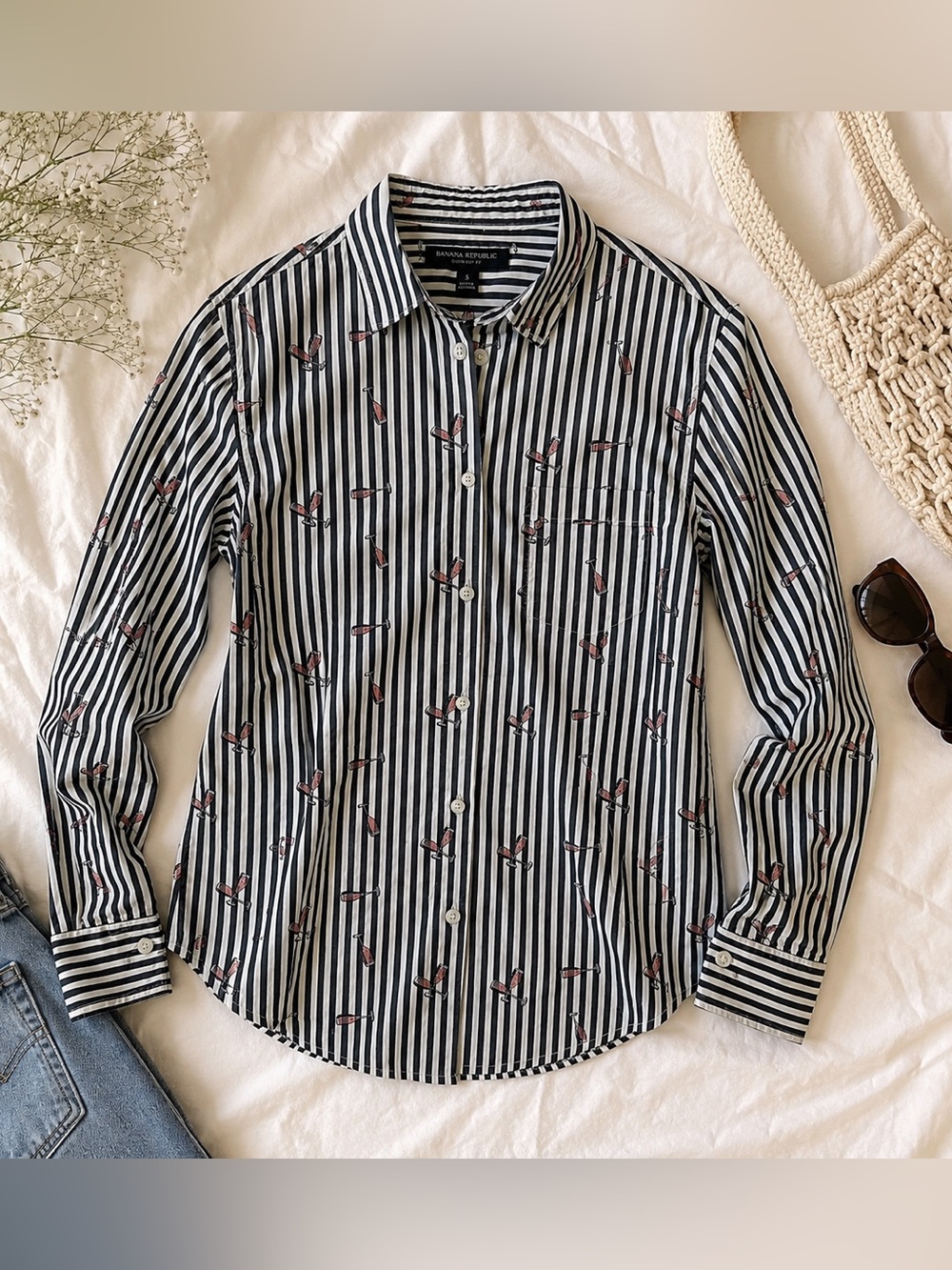 Banana Republic Quinn Boy Fit Shirt S Striped Champagne Print Button Down